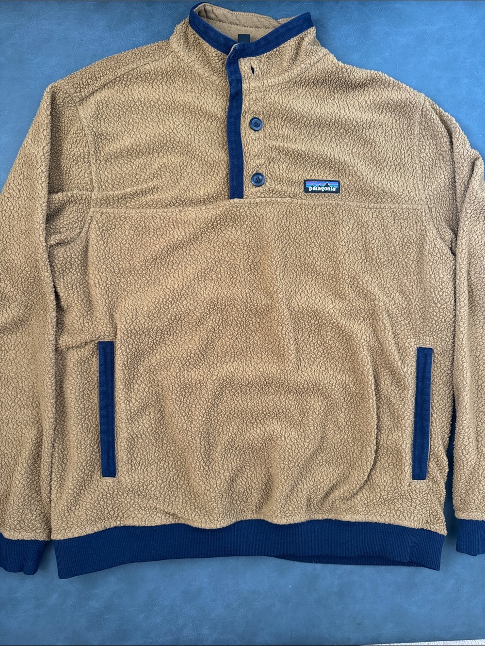 Patagonia Tan Sherpa Pullover with Navy Trim Men's SizeL